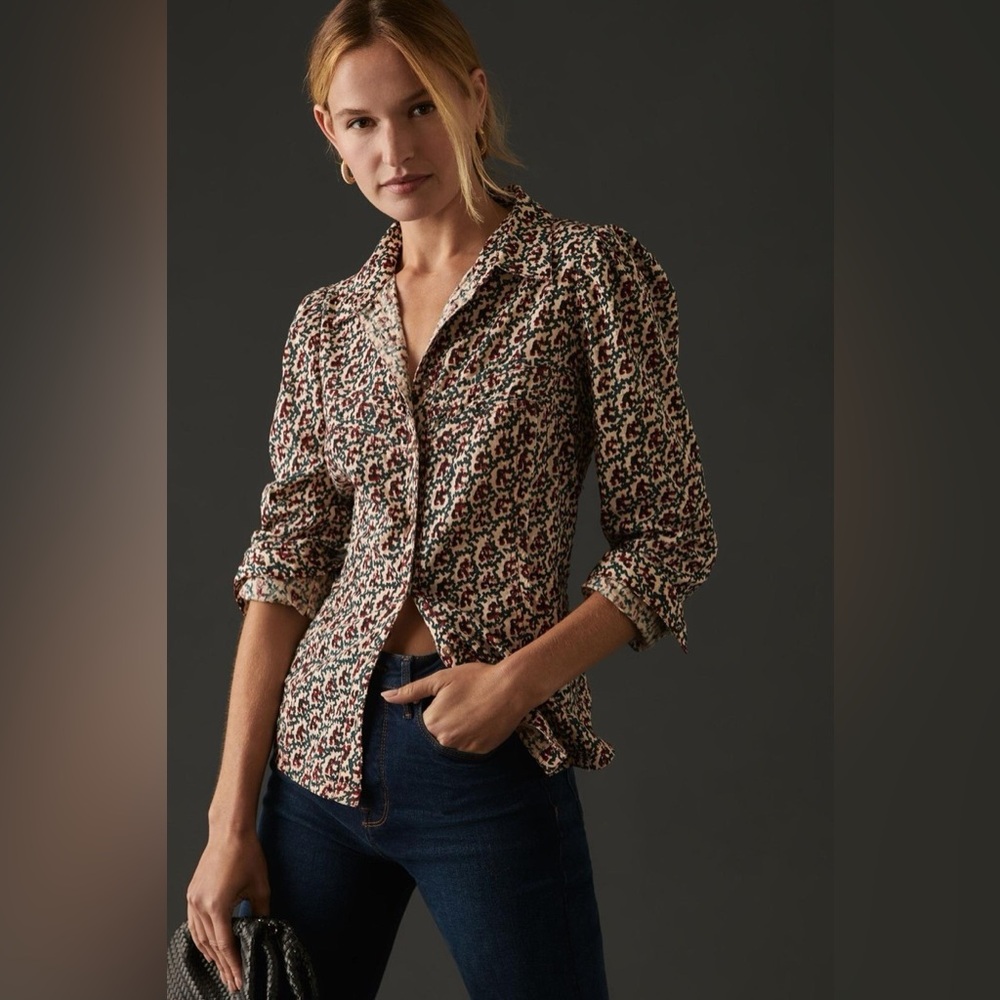 Pilcro Floral-Print Button Down Shirt in Cream, Blue, and Red